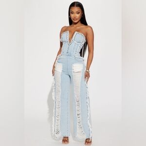Stylish Light Blue Distressed Denim Jumpsuit